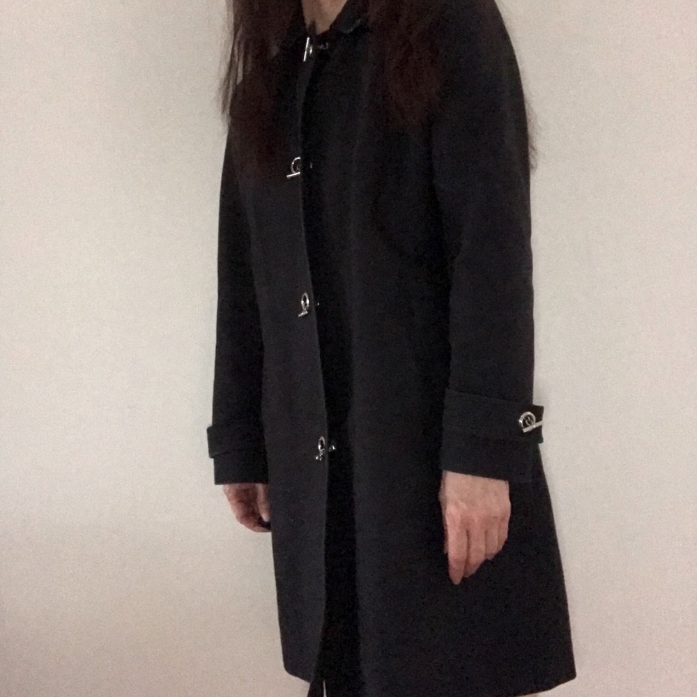 Charter club black rain coat size SP petite small silver toggle buttons 90’s